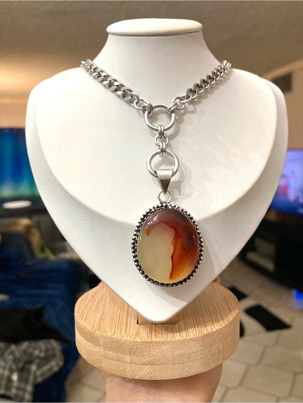 Agate gemstone maille lariat Y shape Cuban stainless steel boho necklace - Picture 7 of 16